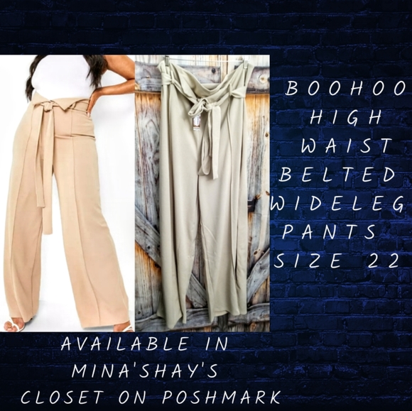 Boohoo Plus Pants - BOOHOO high waist belted wide leg trouser